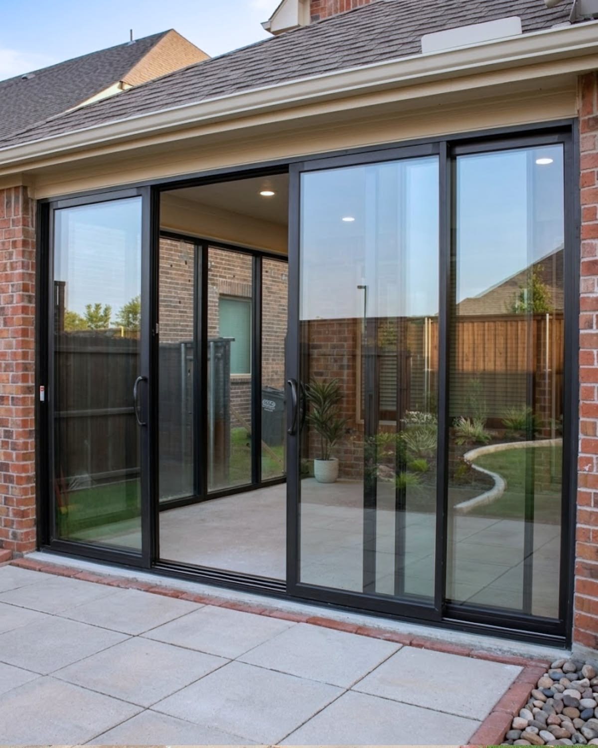 Black aluminium sliding doors opening onto a patio